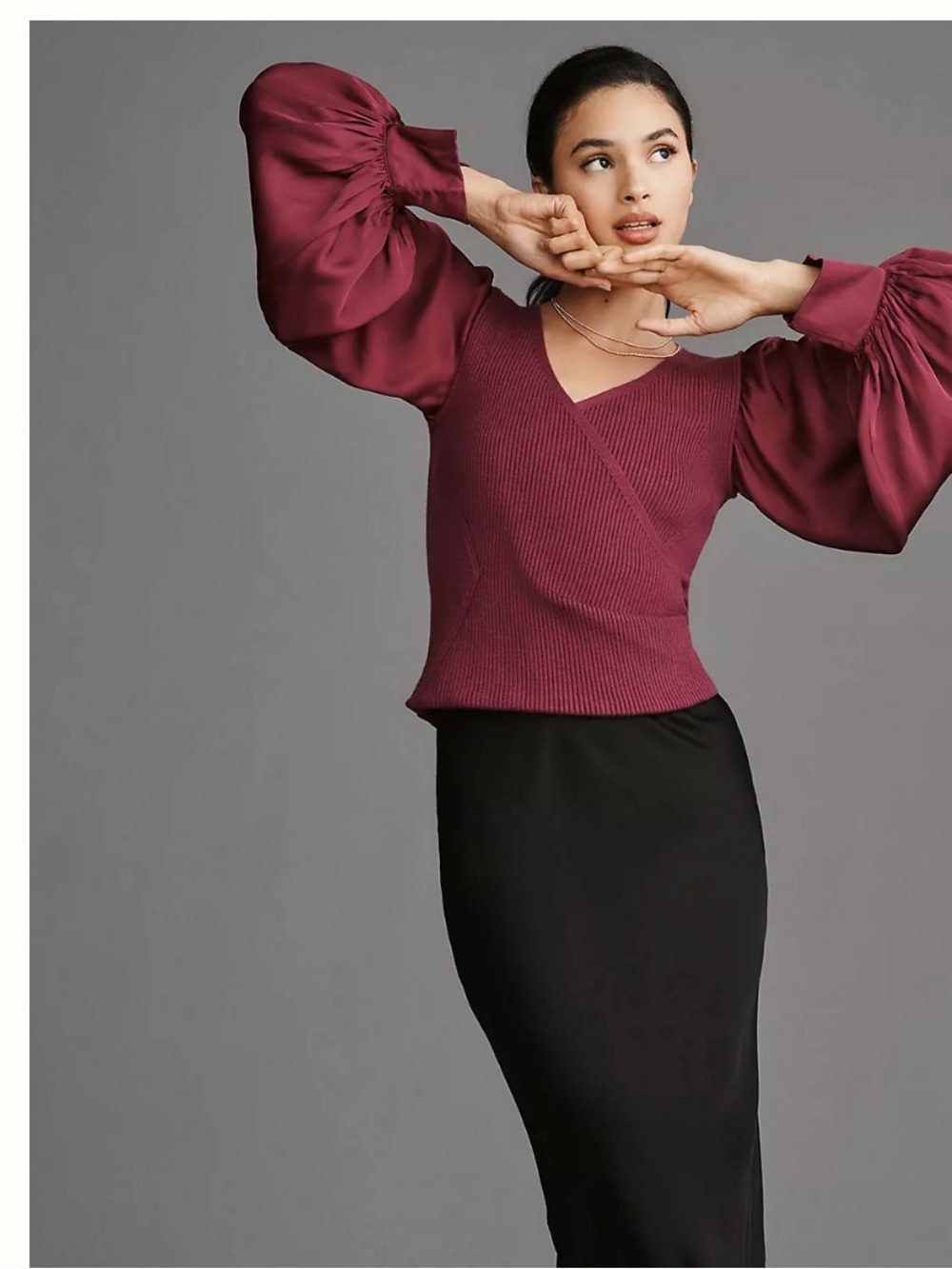 TWOFER FAUX-WRAP SWEATER Anthropologie wine Knit top, Satin, Balloon Sleeves